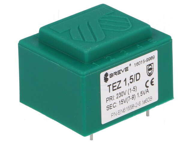 Transformator: ingegoten; 1,5VA; 230VAC; 15V; 100mA; PCB; IP00; TEZ Transformator: ingegoten; 1,5VA; 230VAC; 15V; 100mA; PCB; IP00; TEZ